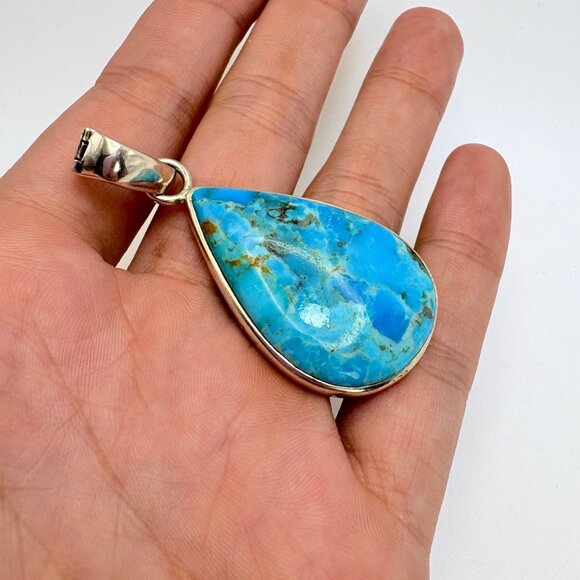 VTG Sterling Silver 925 Turquoise Bezel Set Teardrop Pendant Size 2.5" Length - Picture 7 of 10